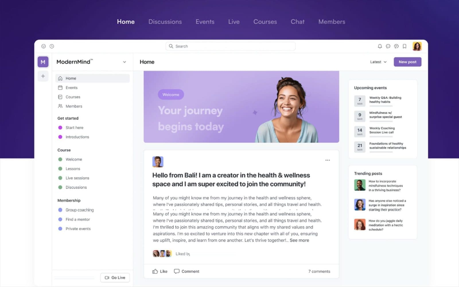 ModernMind community platform home feed with a welcome banner, a creator post and panels for upcoming events and trending posts.