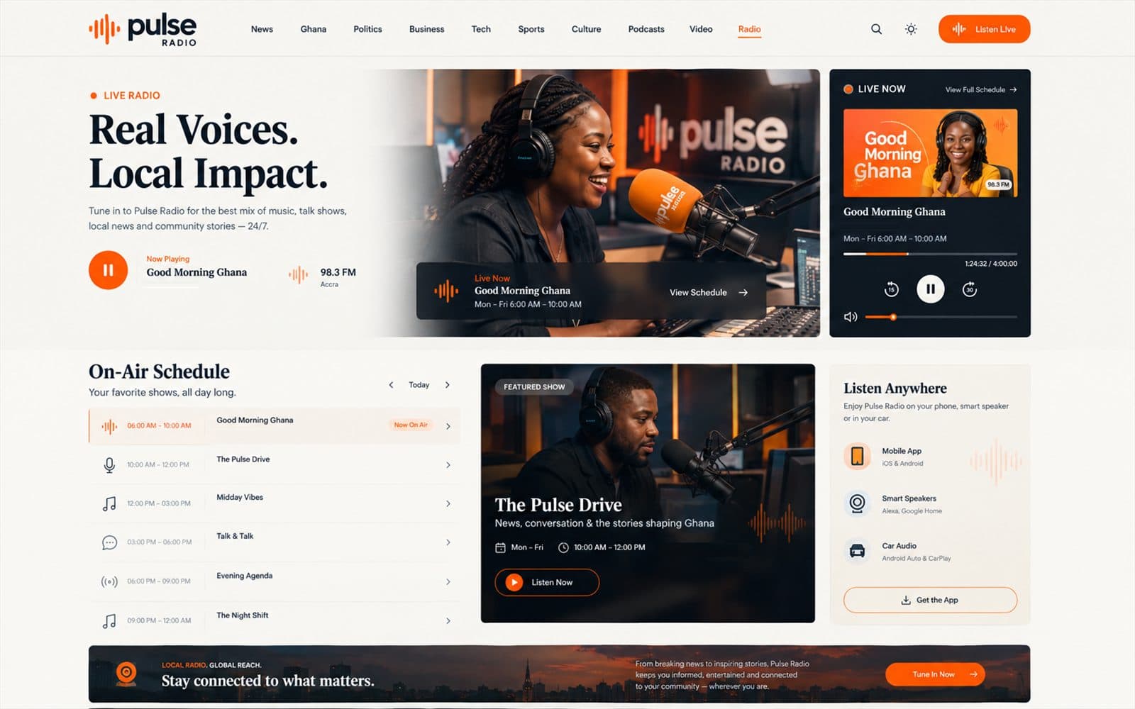 Pulse Radio homepage with a hero player for Good Morning Ghana, a now-on-air schedule and a panel for listening on other devices.
